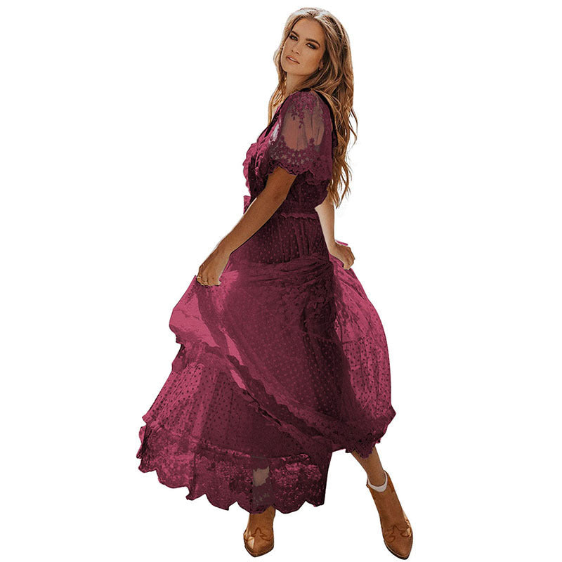 Lace V-neck Patchwork Dress Women NorixaFashion.com