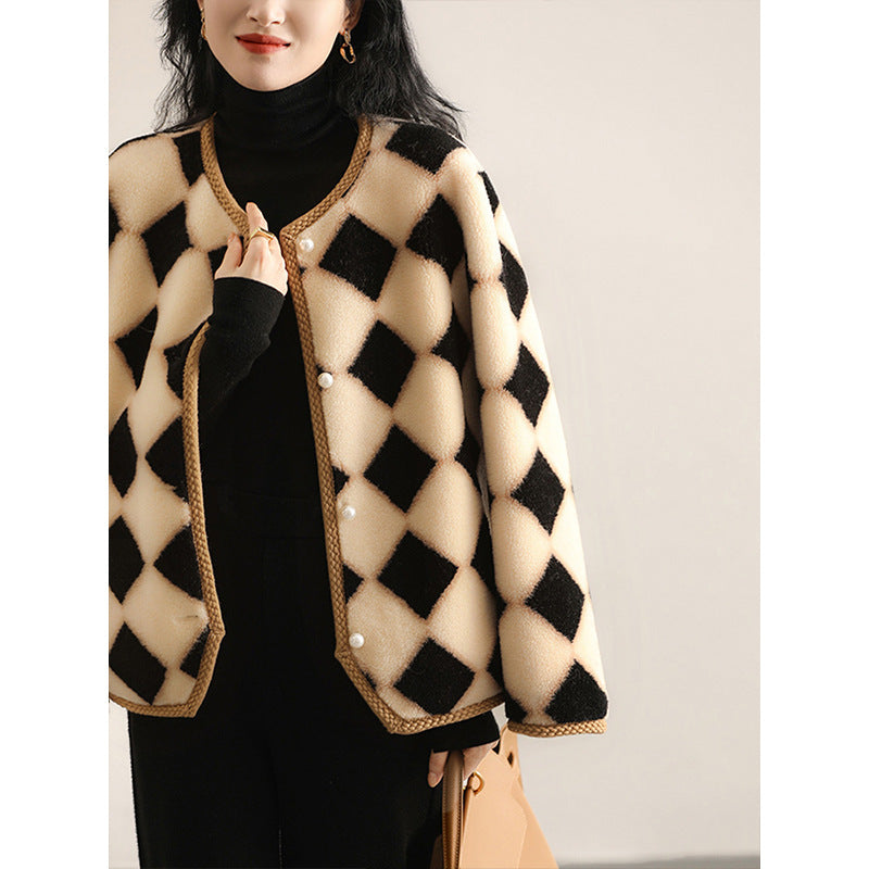 Chessboard Plaid Full Wool Sheepskin Fur Women's Winter Best YouTube Store