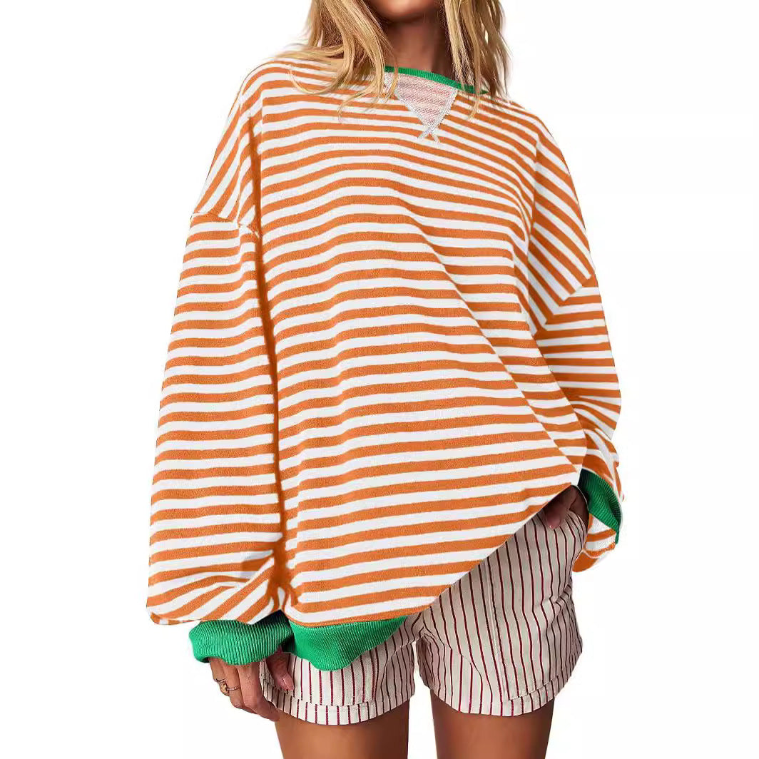 Women's Striped Embroidered Stitching Color-inserted Pullover Sweater CJD