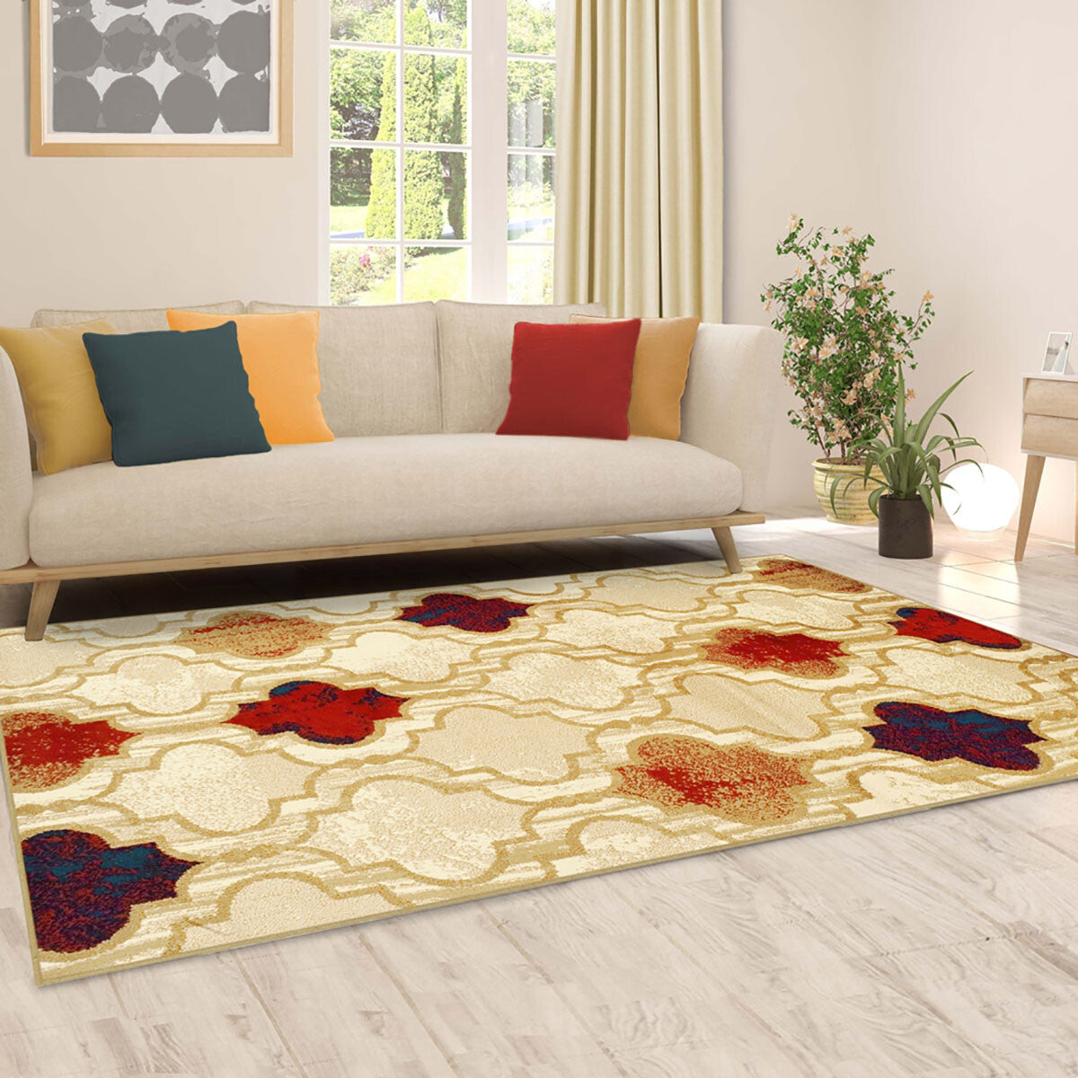 5' X 8' Beige Quatrefoil Power Loom Distressed Stain Resistant Area Rug LuxuryLifeWay Online Store