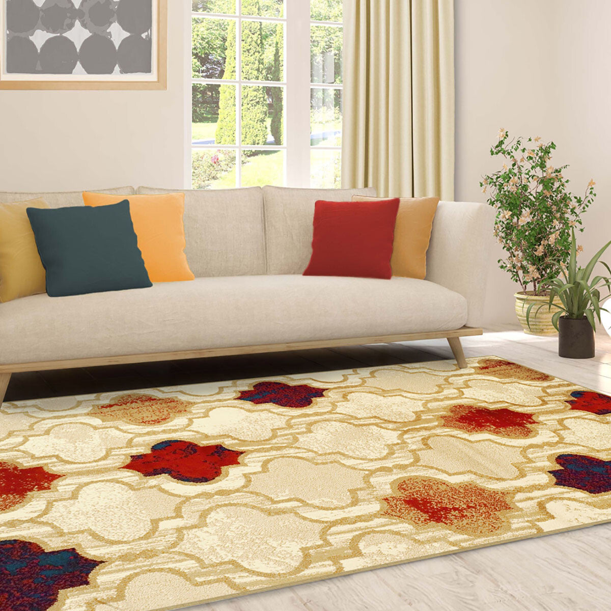 5' X 8' Beige Quatrefoil Power Loom Distressed Stain Resistant Area Rug LuxuryLifeWay Online Store