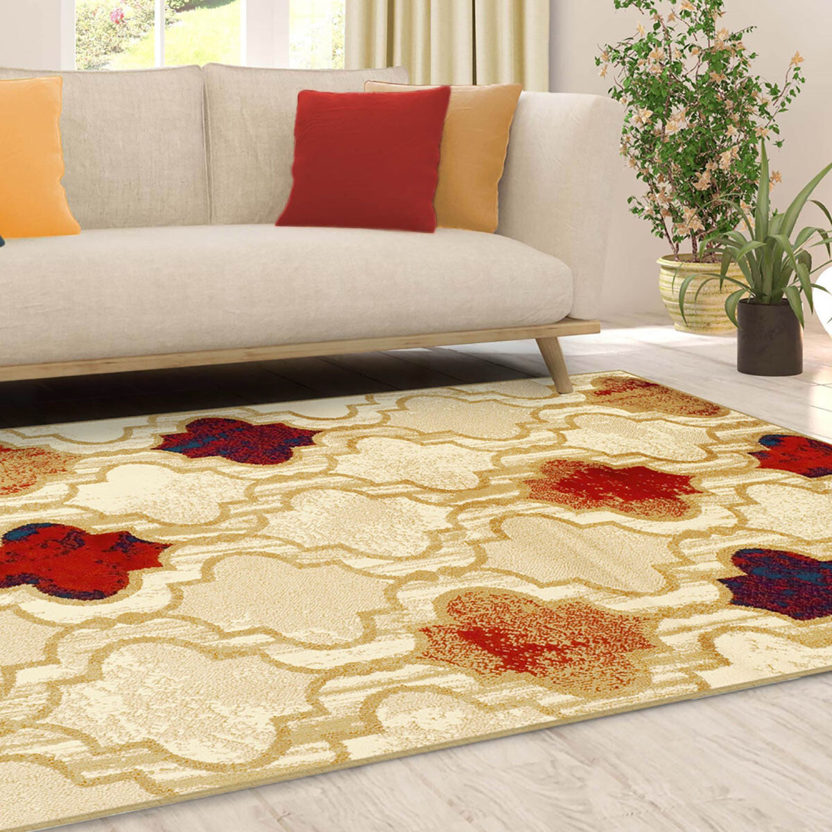 5' X 8' Beige Quatrefoil Power Loom Distressed Stain Resistant Area Rug LuxuryLifeWay Online Store