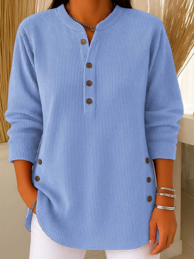 V-neck Buttons Sweater Fashion Casual Solid Color Long-sleeved Tops Women's Blouse T-shirt Clothing NorixaFashion.com