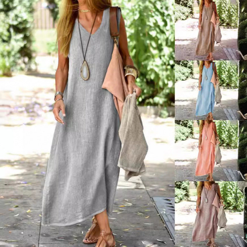 2026 Women's New European And American Dress Summer Fashion Versatile Cotton And Hemp Dress NorixaFashion.com