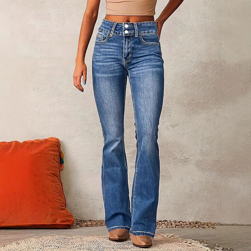 Skinny Flared Jeans With Pockets Fashion Button Zipper Trousers Women's Slim Denim Pants LadyShow.Store