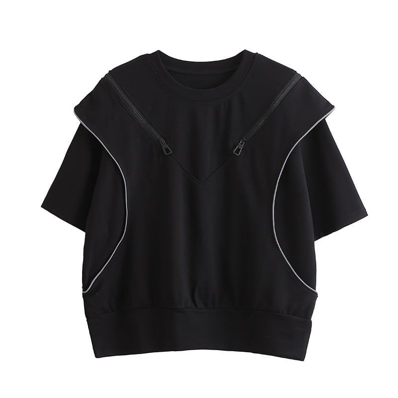 Black Off Shoulder T-Shirt with Zipper Detail Pi-Mart