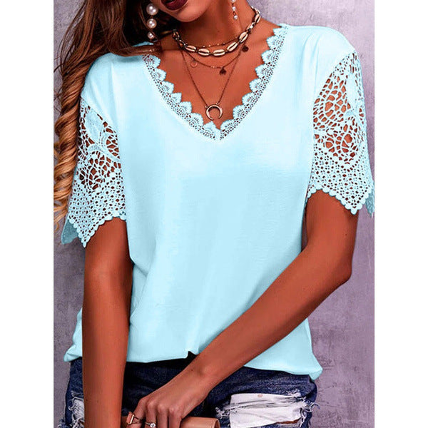 Lace Paneled Loose V-Neck Short Sleeves For Women NorixaFashion.com