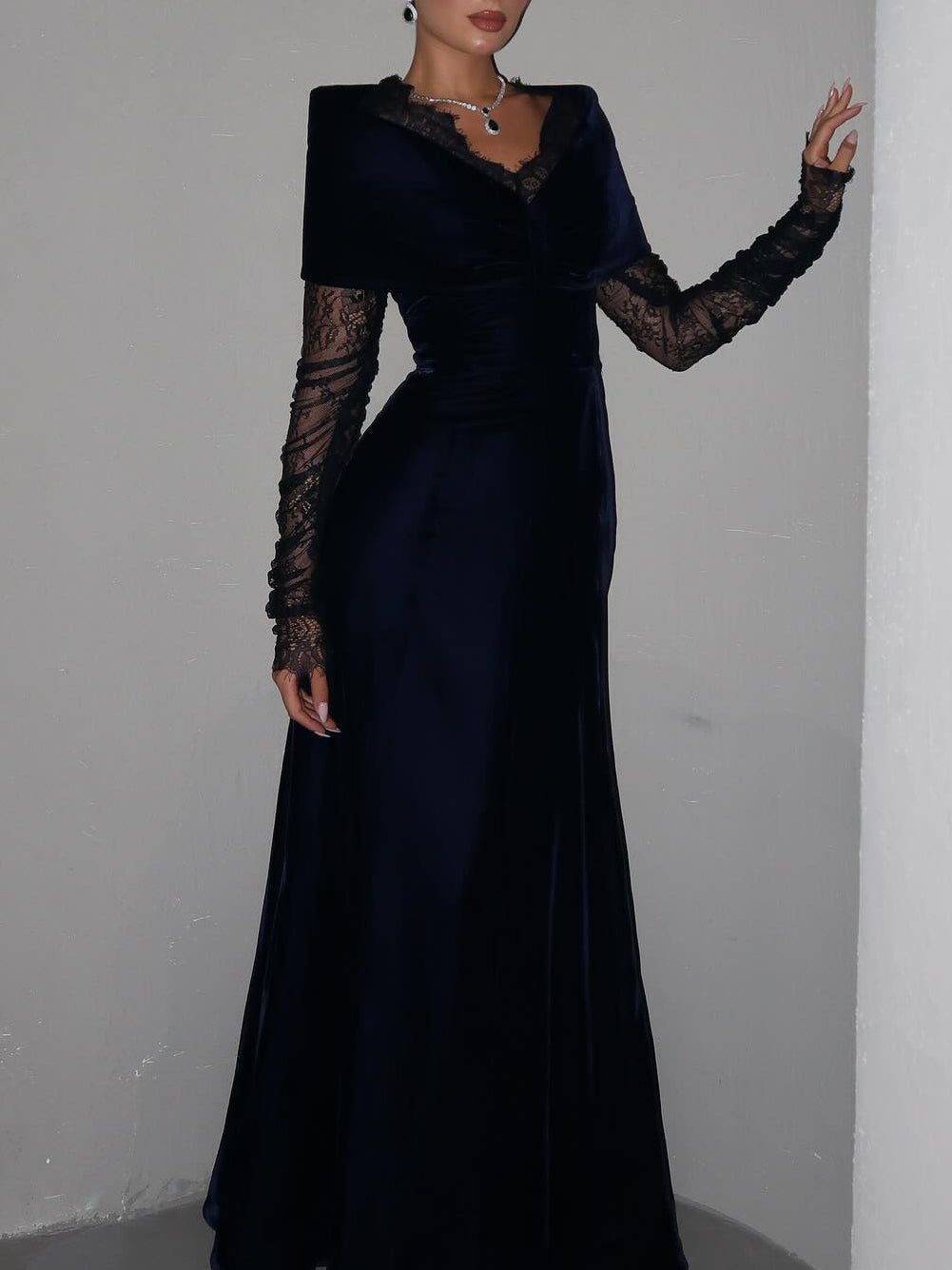 Navy Blue Velvet Lace Long-Sleeve Gown NorixaFashion.com