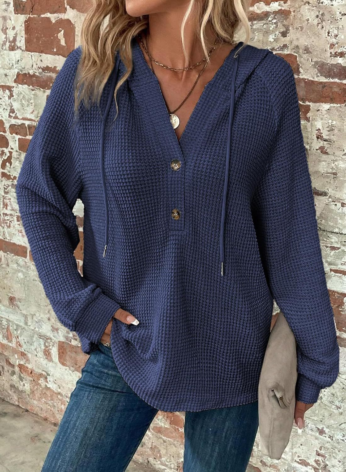 Waffle Hooded Sweater Sweatshirt Fashion Casual Long-sleeved Drawstring V-neck Buttons Top Women's Clothing NorixaFashion.com