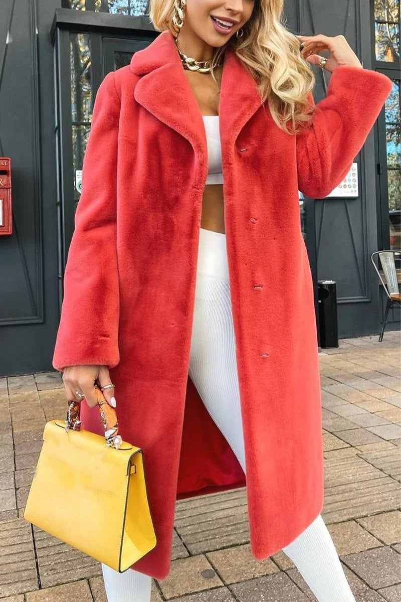 Women's Fashionable Elegant Lace-up Turn-down Collar Plush Long Coat LadyShow.Store