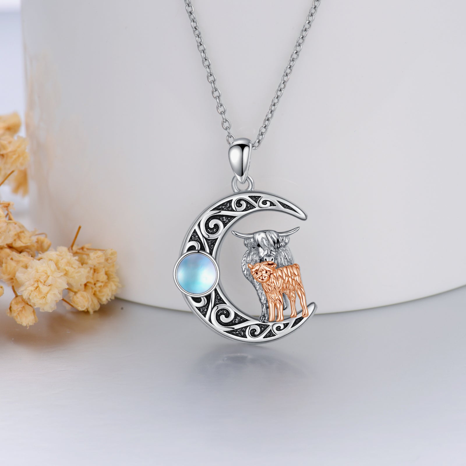 Mother Kids Highland Cow Moon 925 Sterling Silver Necklace With Moonstone LadyShow.Store