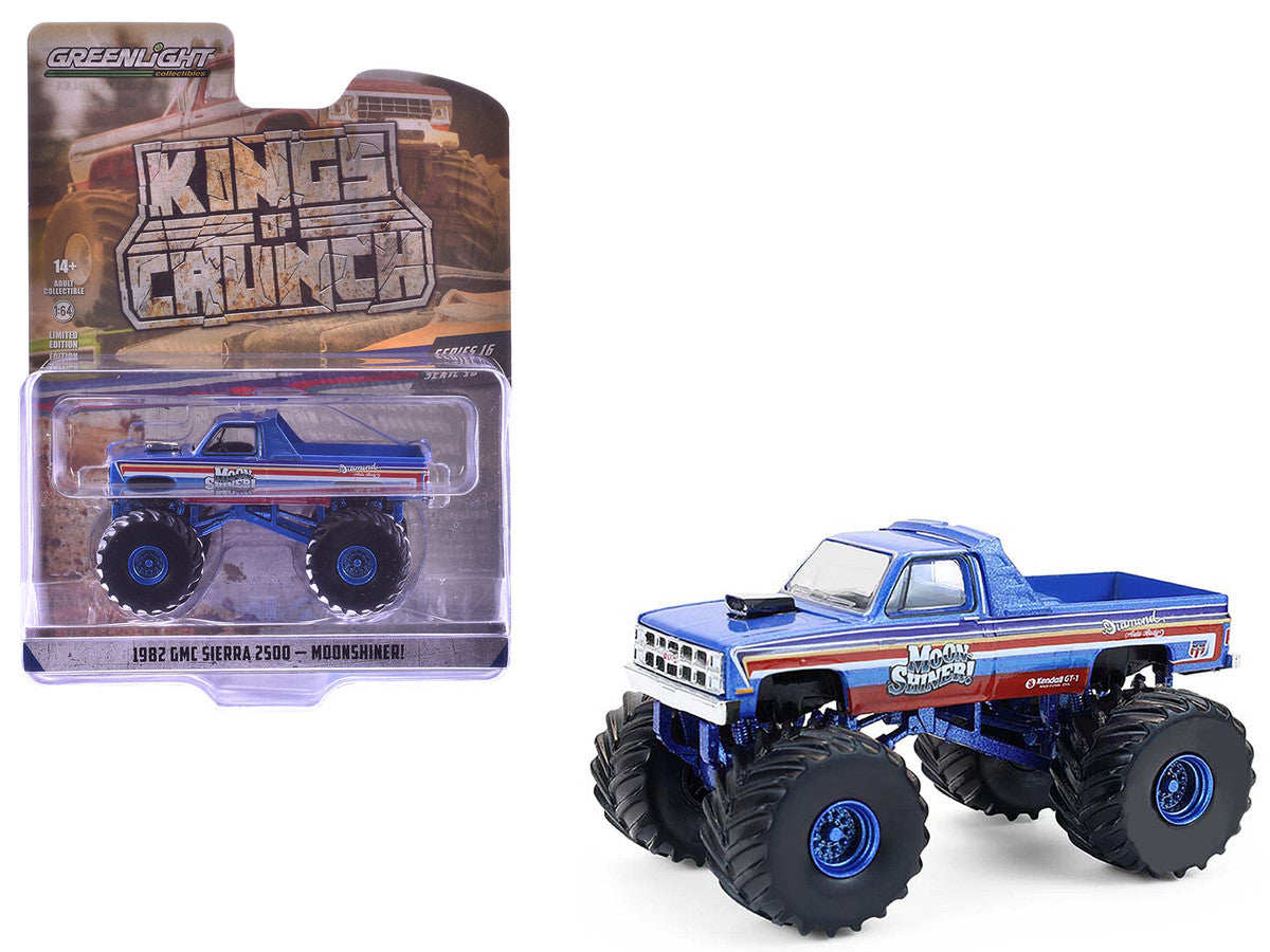 1982 GMC Sierra 2500 Monster Truck "Moonshiner!" Blue Metallic with Stripes "Kings of Crunch" Series 16 1/64 Diecast Model Car by Greenlight LuxuryLifeWay Online Store