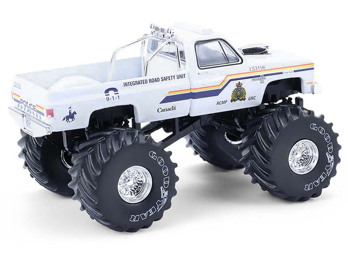 1986 Chevrolet Silverado Monster Truck "Royal Canadian Mounted Police" White with Stripes "Kings of Crunch - Hot Pursuit" Special Edition 1/64 Diecast Model Car by Greenlight LuxuryLifeWay Online Store