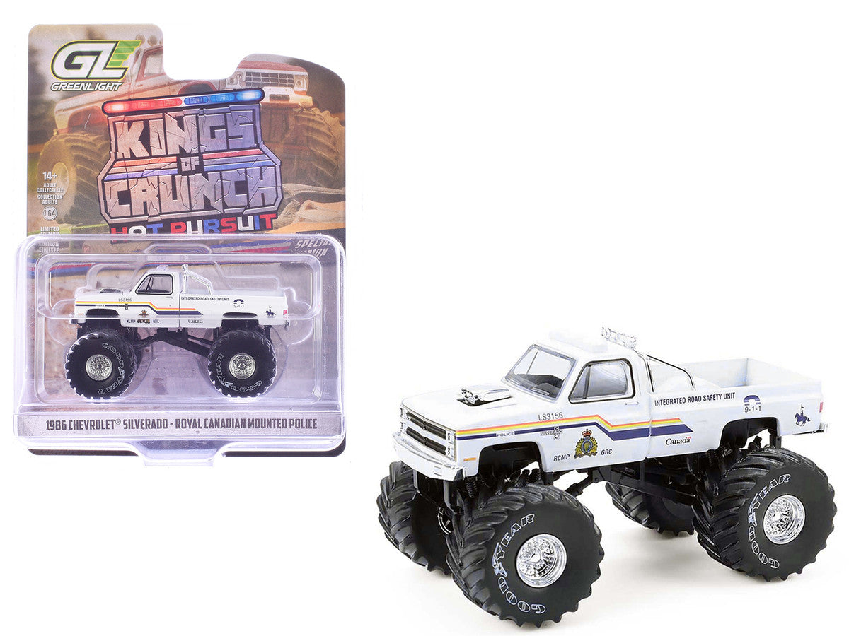 1986 Chevrolet Silverado Monster Truck "Royal Canadian Mounted Police" White with Stripes "Kings of Crunch - Hot Pursuit" Special Edition 1/64 Diecast Model Car by Greenlight LuxuryLifeWay Online Store