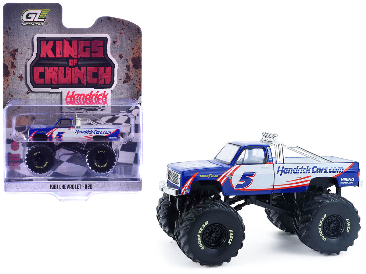 1981 Chevrolet K20 Monster Truck #5 "HendrickCars.com" Blue and White with Graphics "Kings of Crunch - Hendrick Motorsports Tribute" Special Edition 1/64 Diecast Model Car by Greenlight LuxuryLifeWay Online Store