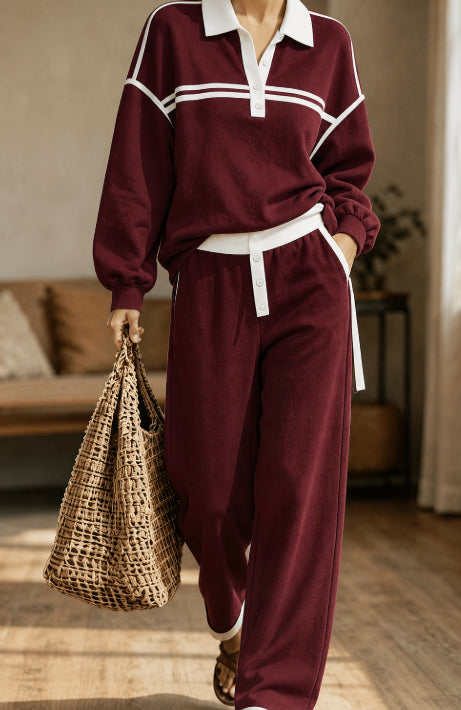 Collared Top And Loose Wide-leg Pants Set NorixaFashion.com