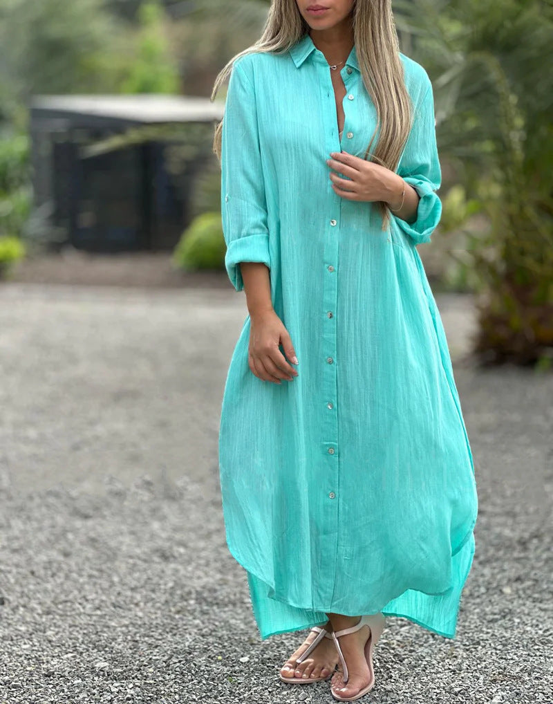 2026 Women's Dress, Cotton And Linen Shirt, Long Skirt, Fashionable Casual Long Sleeved Cardigan Dress NorixaFashion.com