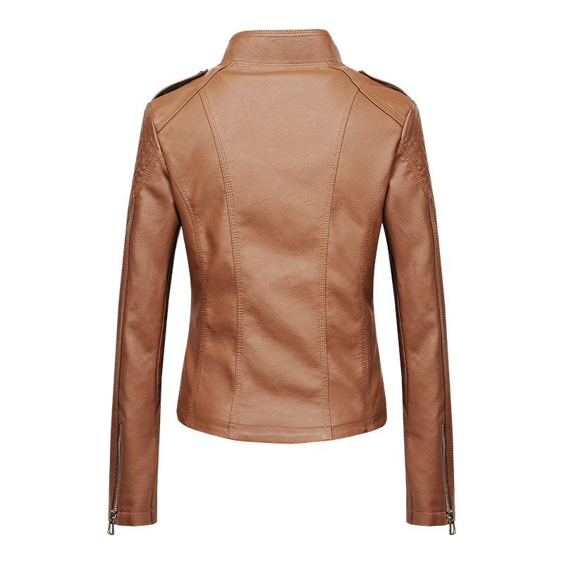 Women's Leather Jacket Women's Slim-fit Leather Jacket Women's Motorcycle Clothing PU Leather Women's Jacket Short Women's Leather Jacket Three-line Craft LadyShow.Store