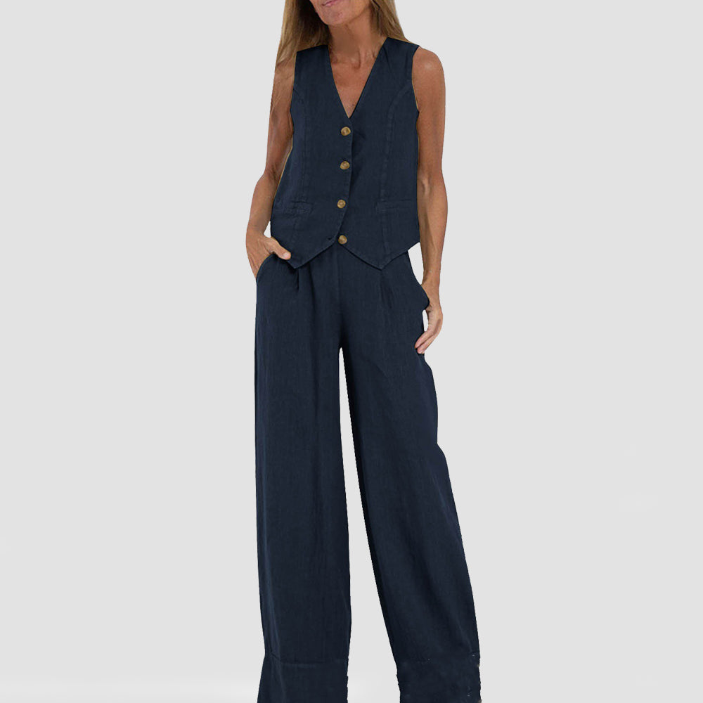 Summer Vest Suits V-neck Botton Sleeveless Top And Loose Straight Trousers Casual Womens Clothing NorixaFashion.com