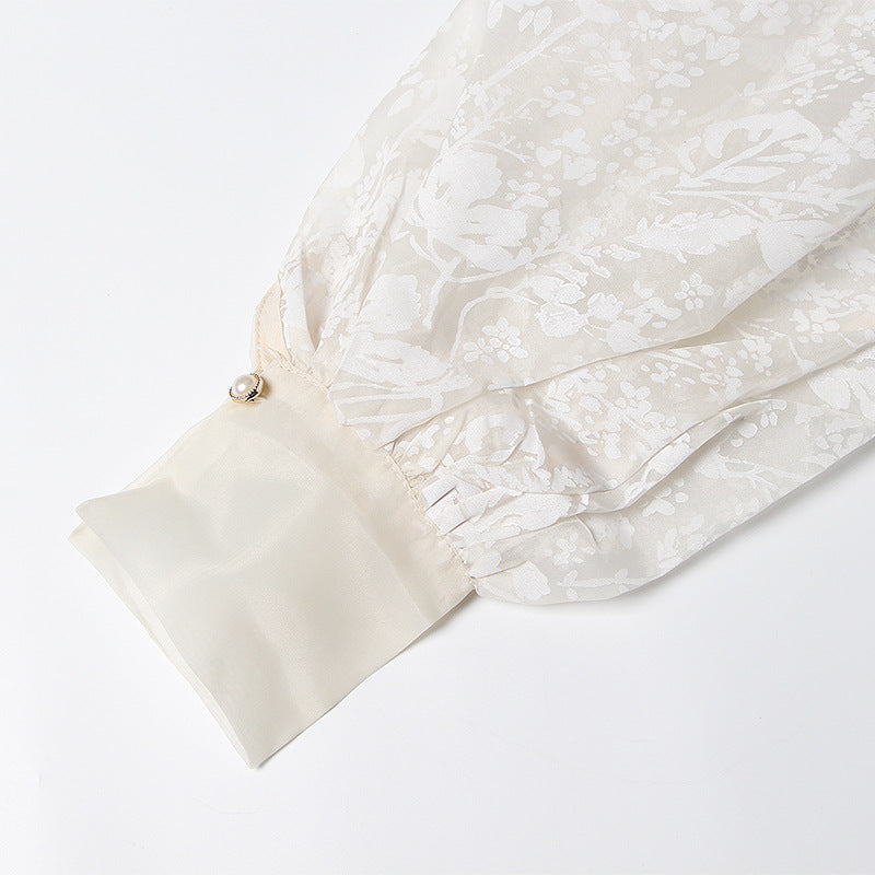 Floral Embroidery Wrap Belted Bishop Sleeve Blouse NorixaFashion.com