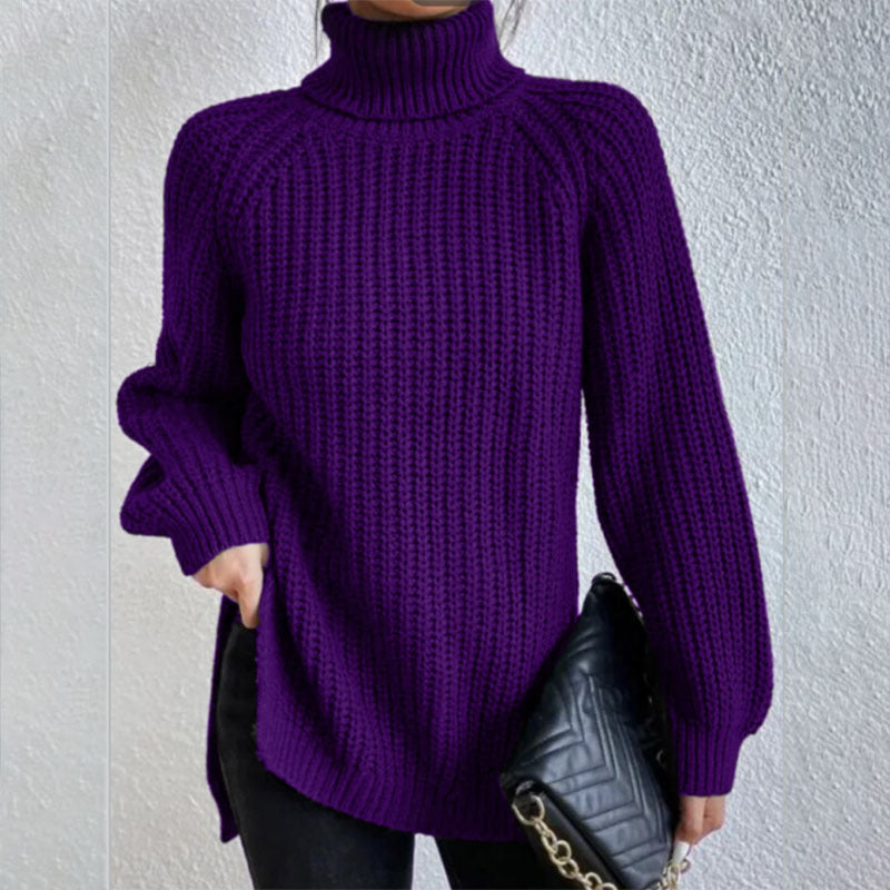 Turtleneck Pullover Sweater With Split Design Fashion Simple Solid Color Long Sleeve Tops Women's Clothing LadyShow.Store