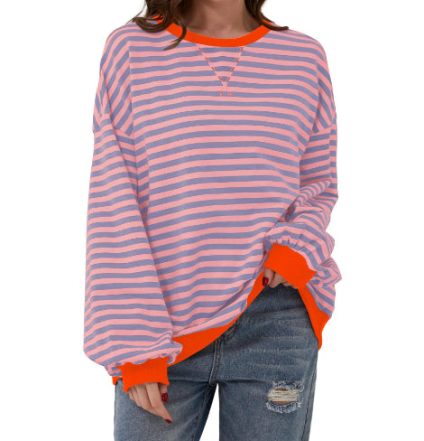 Women's Striped Embroidered Stitching Color-inserted Pullover Sweater CJD