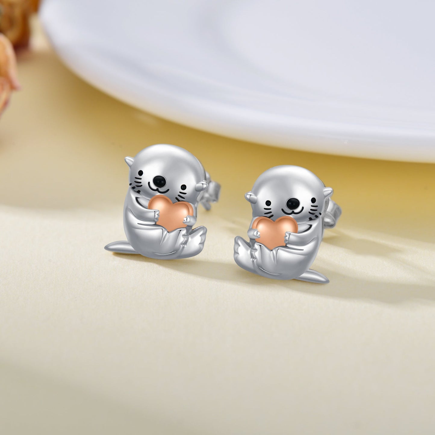 Sea Otter With Heart Earrings Sterling Silver Animal Stud Earrings Otter Earrings LadyShow.Store