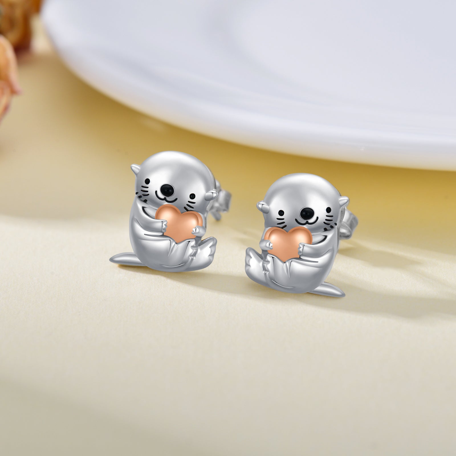 Sea Otter With Heart Earrings Sterling Silver Animal Stud Earrings Otter Earrings LadyShow.Store