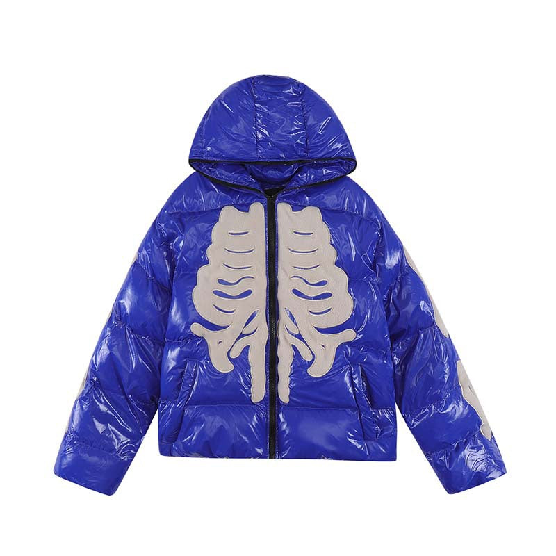 Street Retro Flocking Embroidery Skeleton Men's Hooded Cotton Jacket