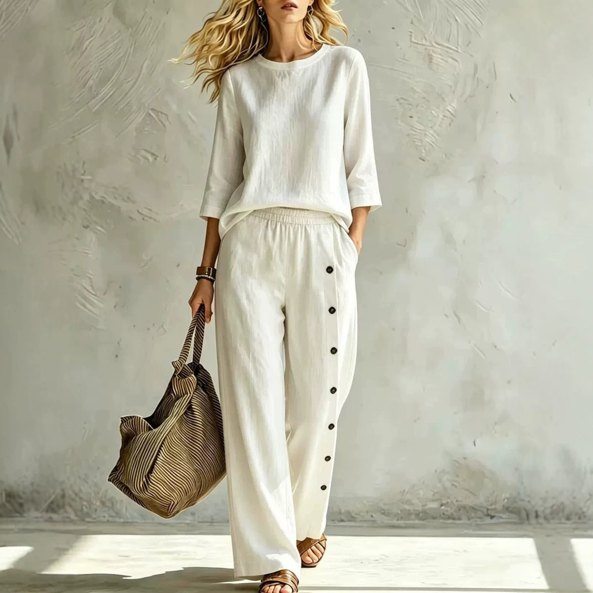 2026 European And American Women's Fashionable Solid Color Buckle Design Casual Loose Two-piece Set NorixaFashion.com