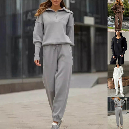 Long Sleeve Suit Zipper Lapel Top And Drawstring Trousers Fashion Casual Sports Clothing For Women