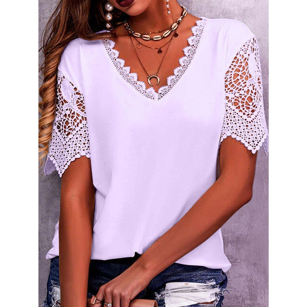 Lace Paneled Loose V-Neck Short Sleeves For Women NorixaFashion.com