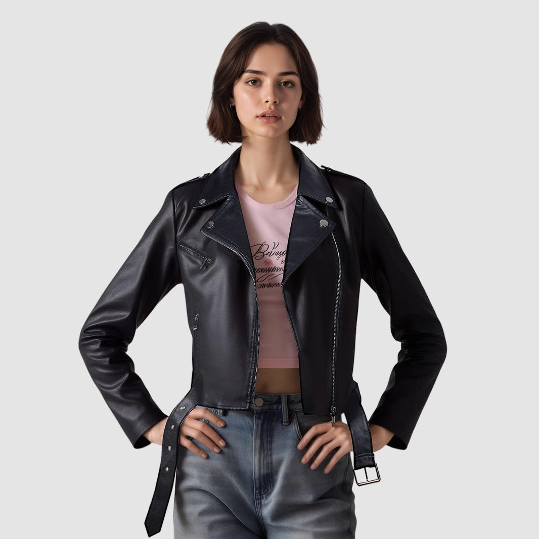 Lapel Short Belt Women's PU Simple Leather Jacket Motorcycle Jacket LadyShow.Store