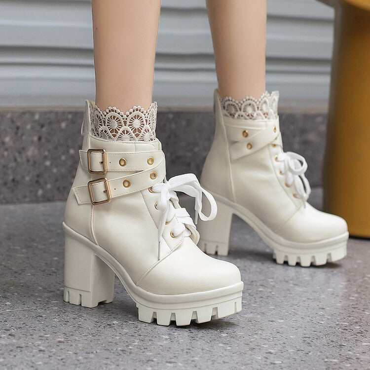 Lace Ankle Boots Lace-up Square Heeled Shoes Women White Black Boots LadyShow.Store
