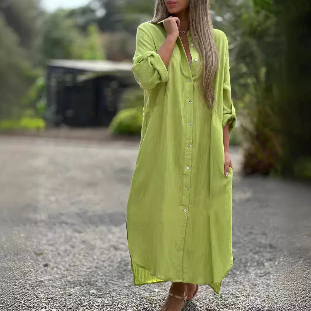 2026 Women's Dress, Cotton And Linen Shirt, Long Skirt, Fashionable Casual Long Sleeved Cardigan Dress NorixaFashion.com