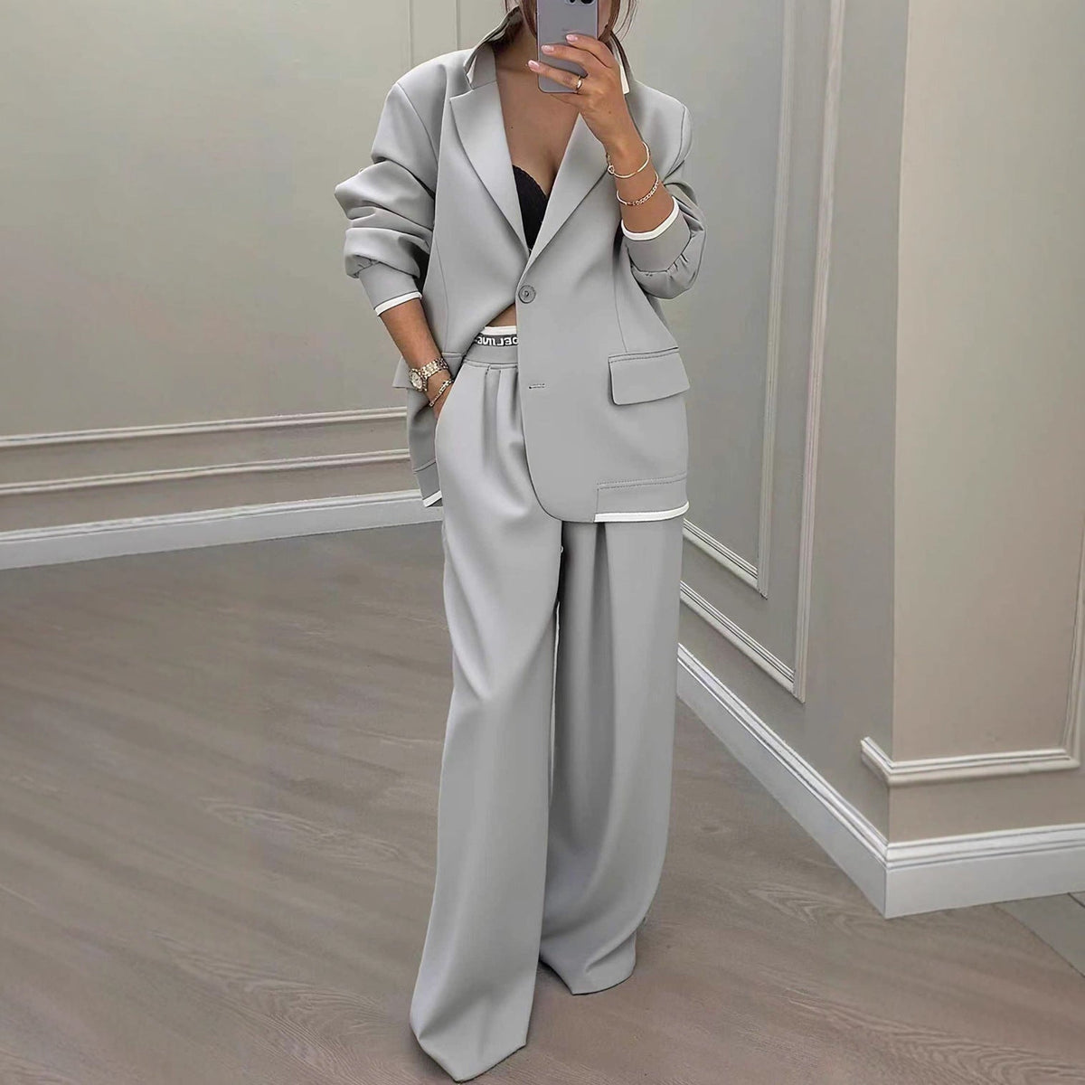 European And American Cross-Border 2026 Autumn And Winter New Women's Clothing Amazon Style Long-Sleeve Jacket Casual Wide-Leg Pants Suit Set NorixaFashion.com