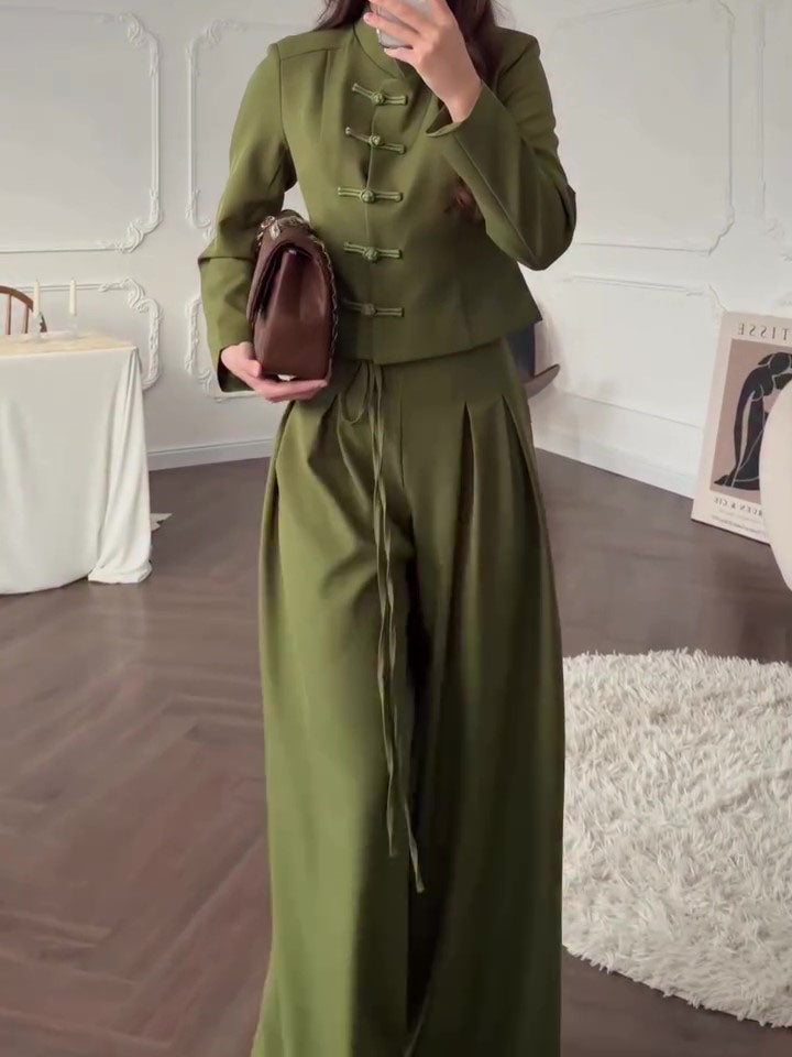 Mandarin Collar Knot Crop Top & Drawstring Wide Leg Pants 2-Piece Set NorixaFashion.com