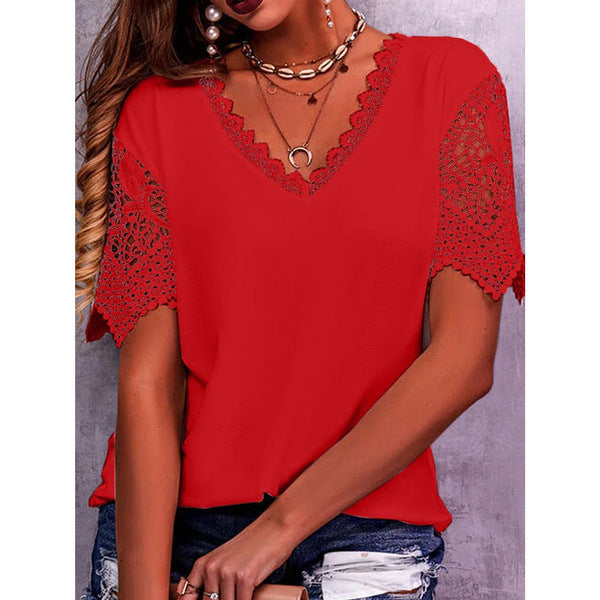 Lace Paneled Loose V-Neck Short Sleeves For Women NorixaFashion.com