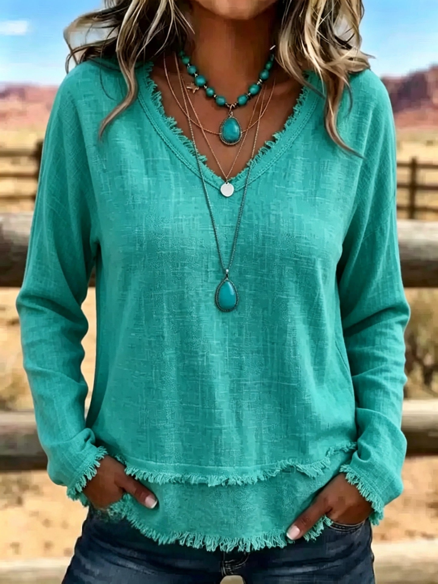 V-Neck Long Sleeve T-Shirt With Tassel Women's Loose Fit Casual Top For Daily Wear Clothing NorixaFashion.com