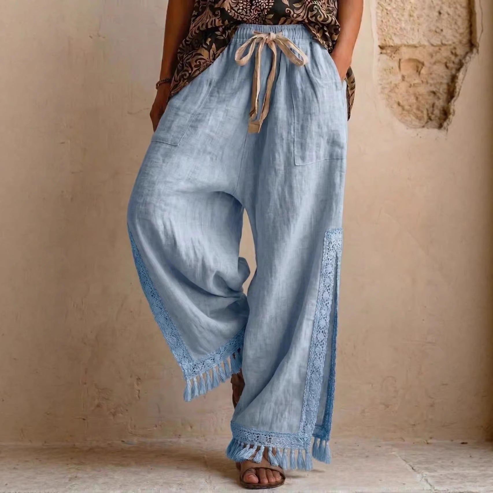 Side-slit Lace Tassel Bohemian-style Wide-leg Vacation Pants NorixaFashion.com