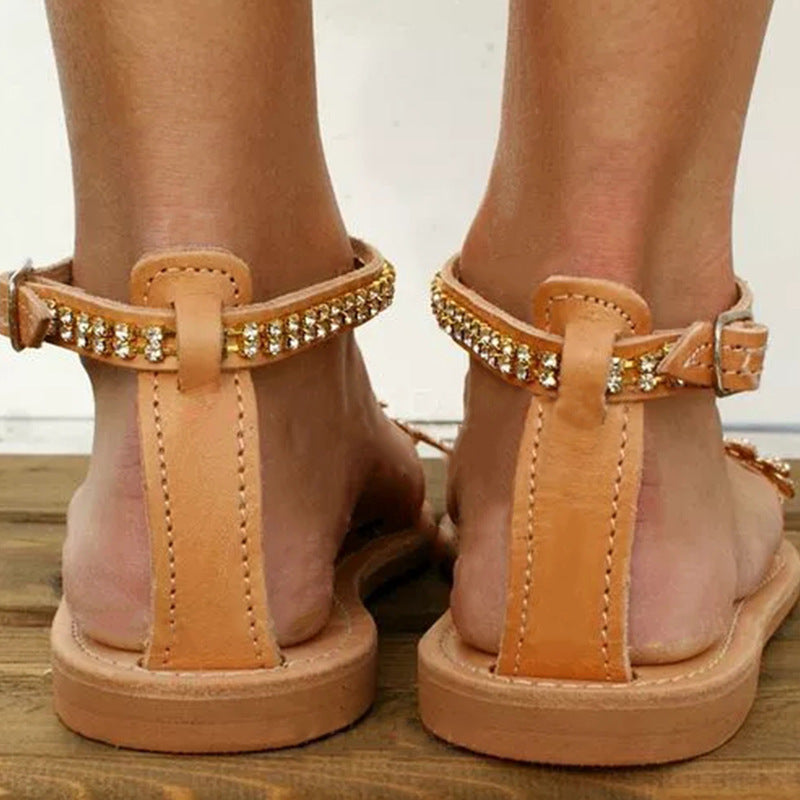 New Women's Word Buckle Strap Fashion Rhinestone Flat Large Size Sandals LadyShow.Store