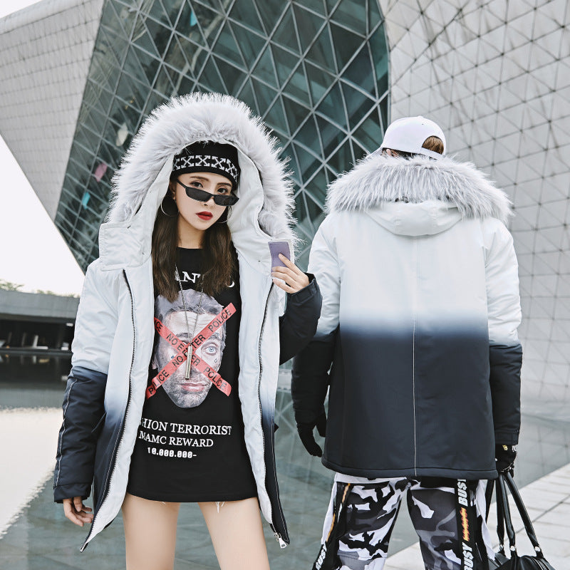Gradient Cotton Jacket with Large Fur Collar for Couples Pi-Mart