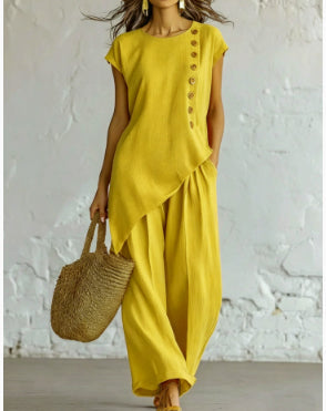 Womens Solid-Color Crew-Neck Buttoned Short-Sleeve Wide-Leg Pants Set NorixaFashion.com