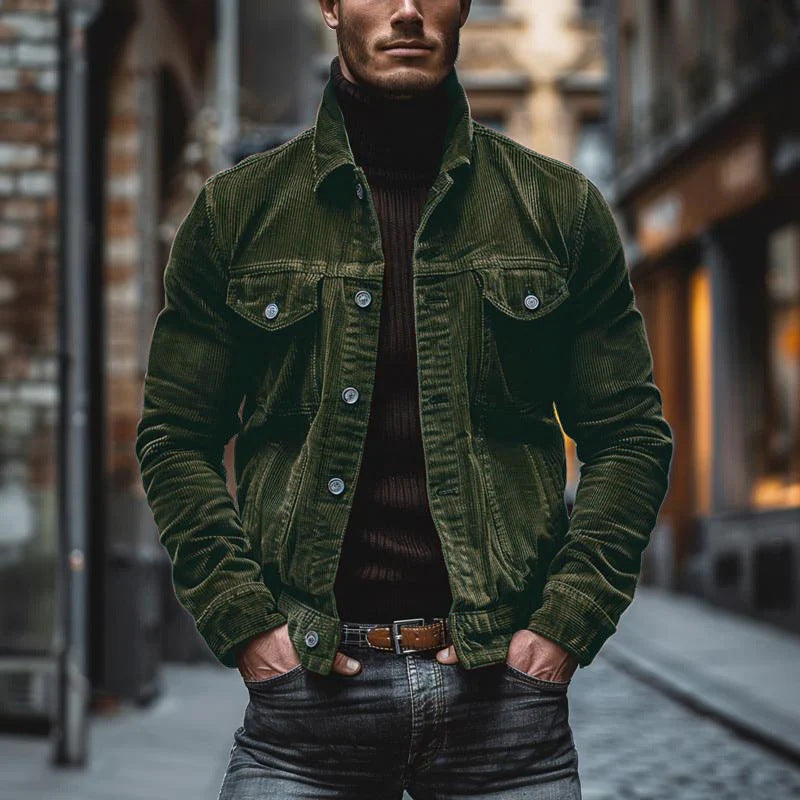 Men's Pocket Corduroy Long Sleeve Striped Lapel Jacket LadyShow.Store