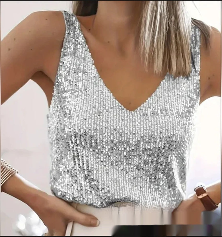 Sequin Summer Light Mature Sexy V Neck Womens Tank Top NorixaFashion.com