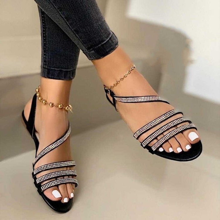 Low Top Round Toe Solid Color Empty Fish Mouth Flat Breathable Rhinestone Fashion Sandals LadyShow.Store