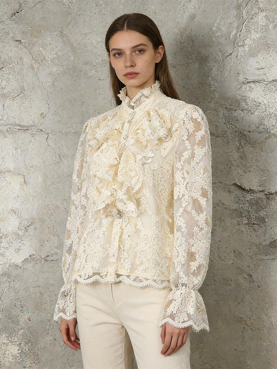Retro 3D Floral Lace Long-Sleeved Shirt NorixaFashion.com
