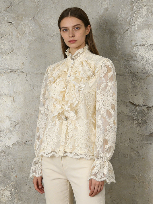 Retro 3D Floral Lace Long-Sleeved Shirt NorixaFashion.com