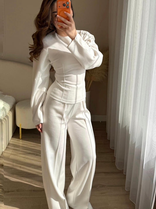 Fashionable Long-sleeved O-neck Pleated Top And Wide-leg Pants Set NorixaFashion.com