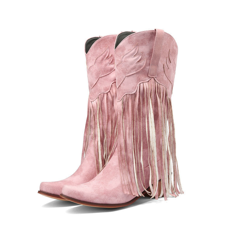 Womens Retro Mid-Calf Chunky Heel Round-Toe Boots LadyShow.Store
